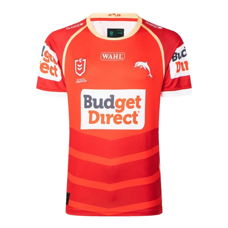 2026 Dolphins orange men's rugby league jersey front view