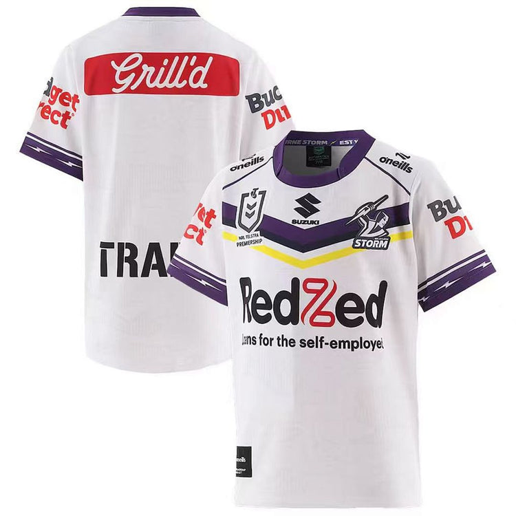 2026 Melbourne Storm white and purple men's away rugby league jersey front and back