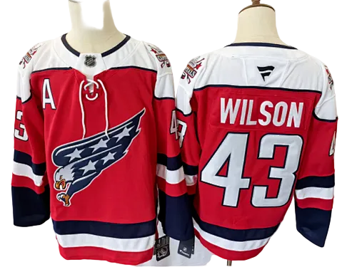 Washington Capitals hockey jersey Tom Wilson #43 red, white and navy front and back wholesale