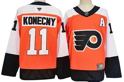 Philadelphia Flyers Travis Konecny #11 orange, white and black hockey jersey front and back wholesale USA