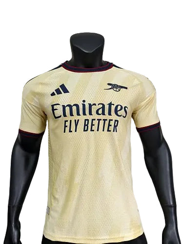 2026/27 Arsenal away football jersey, pale yellow with navy and burgundy accents, adult player version, front