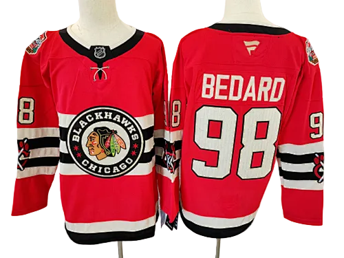 Chicago Blackhawks hockey jersey Connor Bedard #98 red, black and cream front and back wholesale
