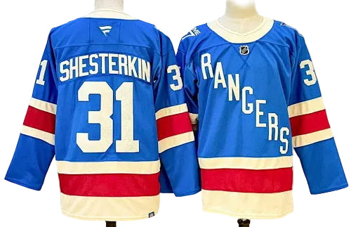 New York Rangers hockey jersey Igor Shesterkin #31 blue, red and cream front and back wholesale