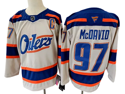 Edmonton Oilers hockey jersey Connor McDavid #97 cream, blue and orange front and back wholesale