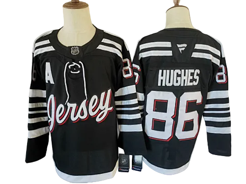 New Jersey Devils Jack Hughes #86 black and white hockey jersey front and back wholesale USA