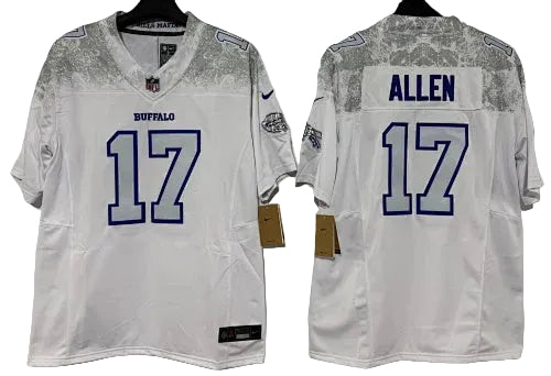 Buffalo Bills Josh Allen #17 white jersey with grey patterned shoulders and blue number outlines front and back wholesale USA